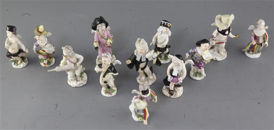 Twelve Meissen small figures, c.1750-1775, modelled by Kandler and Acier, height 8.5 - 11cm, all with some restoration or losses